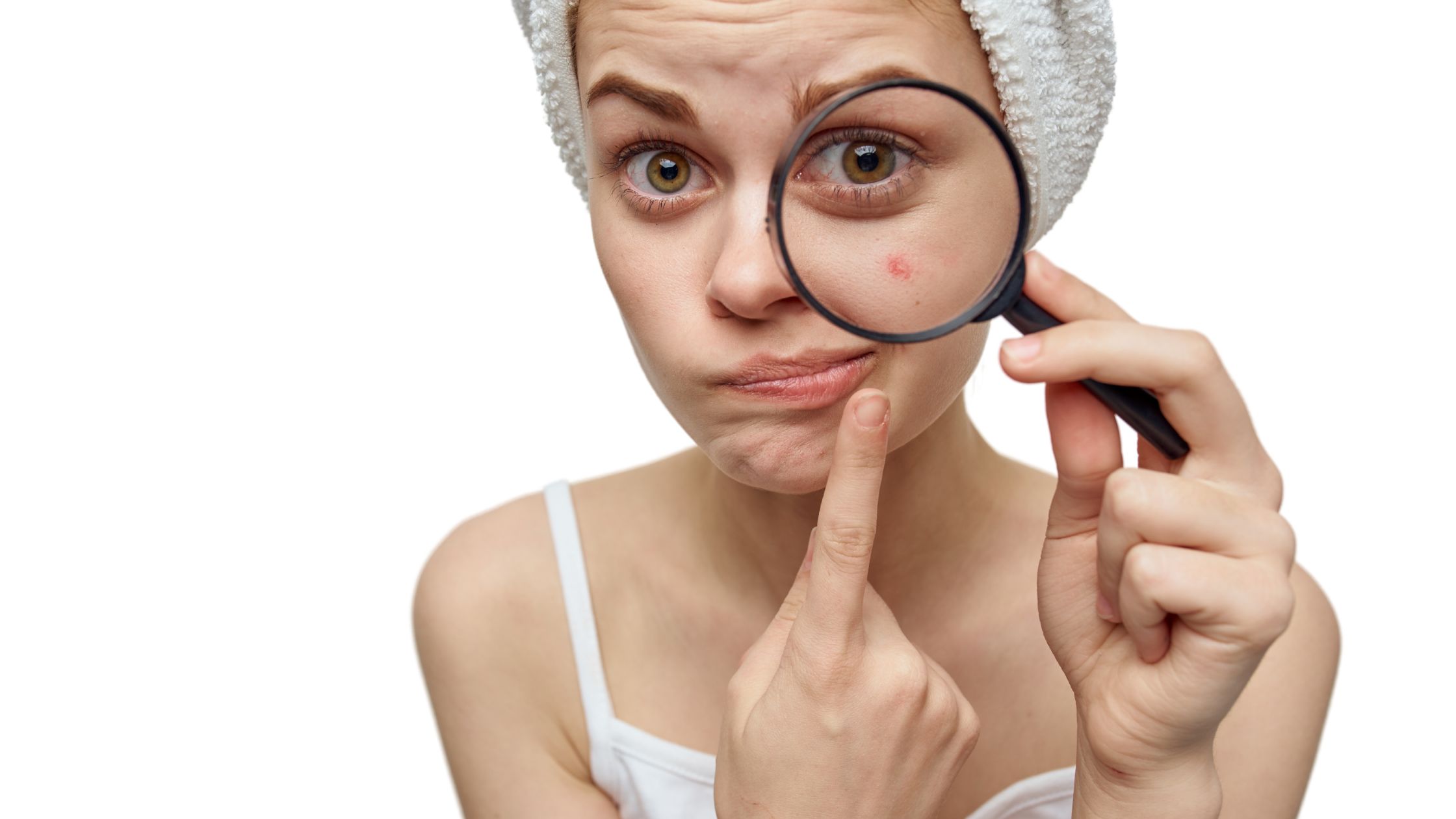 Una ragazza con una lente di ingrandimento che cerca di capire come curare l'acne.