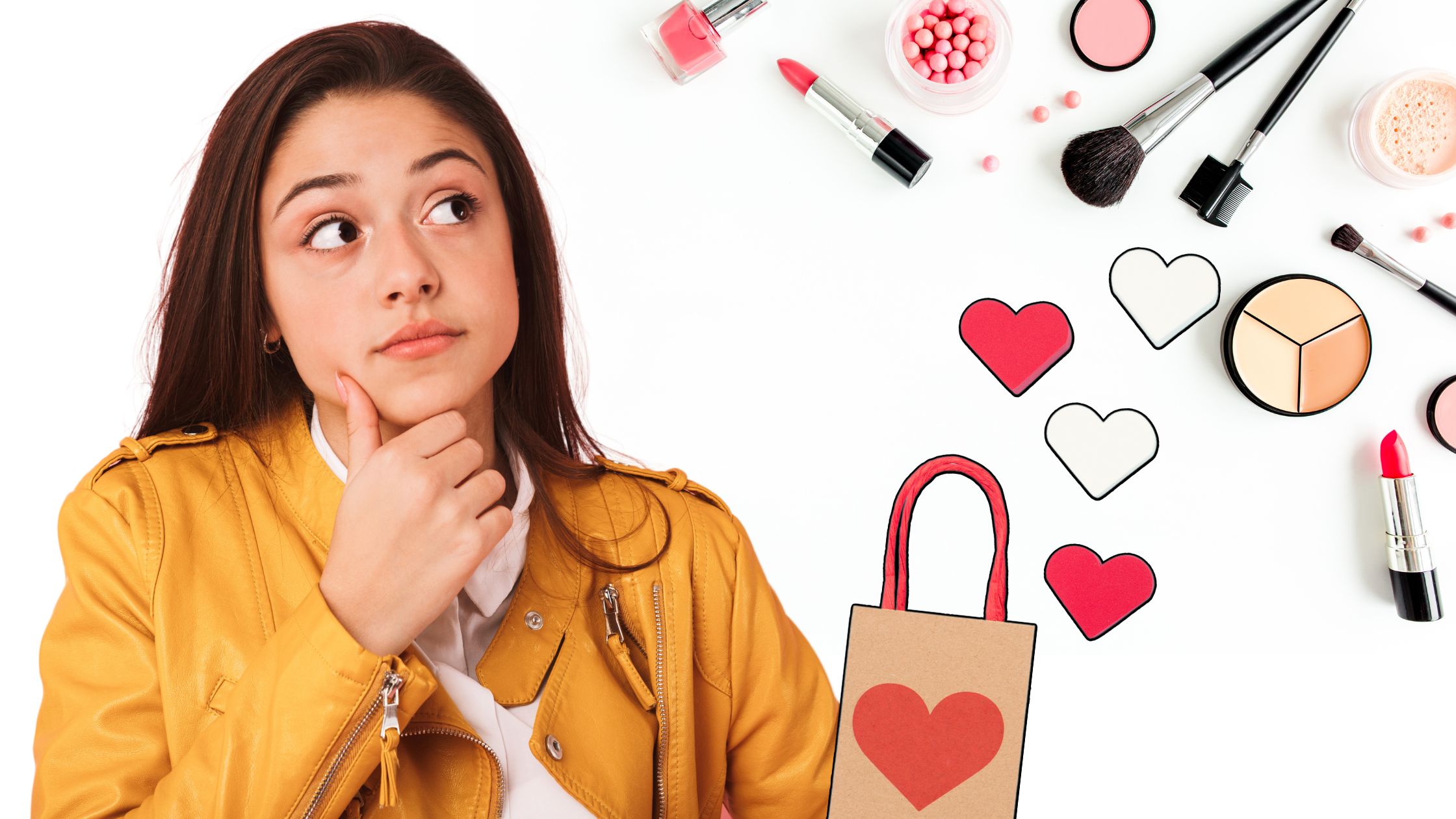 Ragazza con capelli castani che sta pensando a quali regali di Natale fare.
