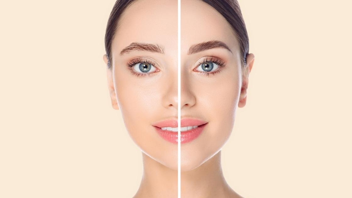 Una ragazza che mostra da una parte del viso le sue sopracciglia perfette, mentre dall'altra parte le sopracciglia sono incolte.